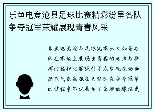 乐鱼电竞沧县足球比赛精彩纷呈各队争夺冠军荣耀展现青春风采