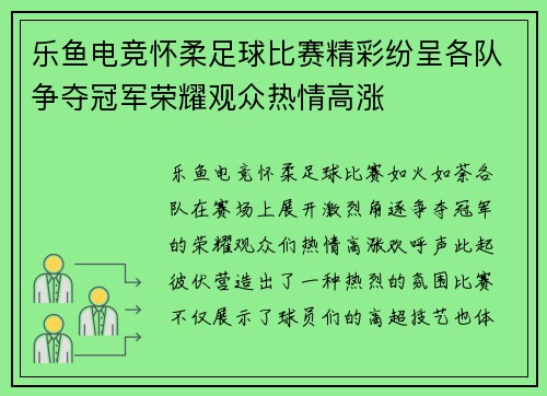 乐鱼电竞怀柔足球比赛精彩纷呈各队争夺冠军荣耀观众热情高涨