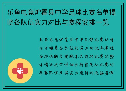 乐鱼电竞炉霍县中学足球比赛名单揭晓各队伍实力对比与赛程安排一览