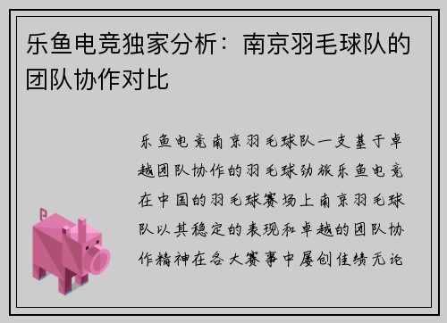 乐鱼电竞独家分析：南京羽毛球队的团队协作对比